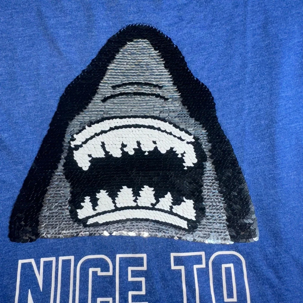 OshKosh Boys Blue Shark Sequin Graphic T-Shirt Nice To Eat‎ You Size 10/12